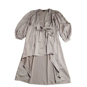 Express Champagne High-Low Balloon Sleeve Satin Wrap Dress SM Pink V-Neck Bow